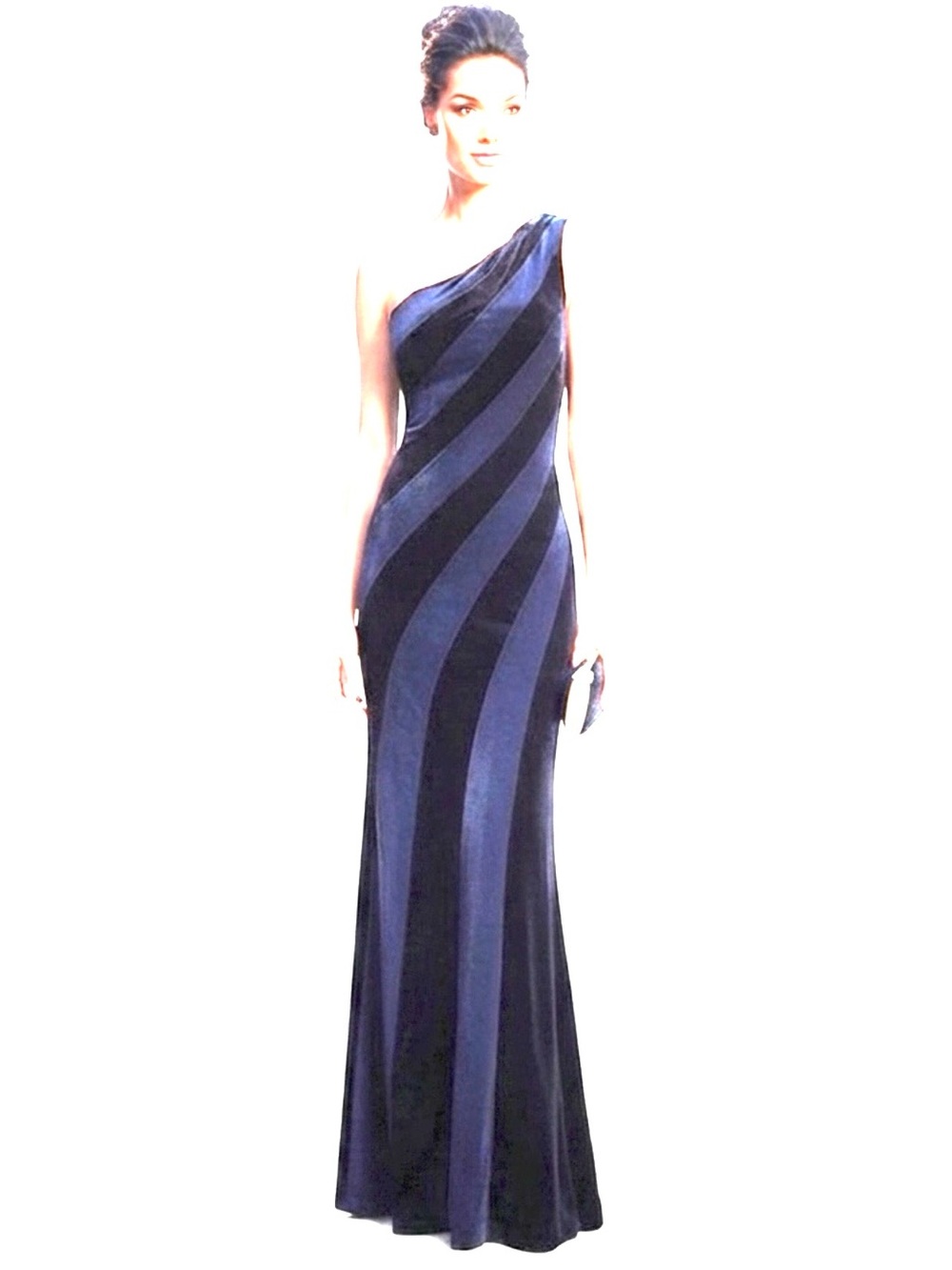 Cache Y2K One-Shoulder Black Navy Striped Maxi Gown